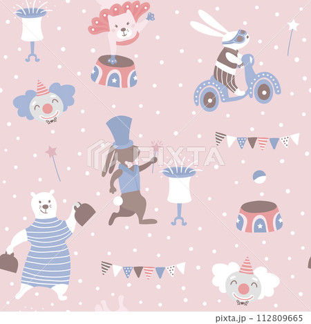 Seamless pattern with animal artists. Circus vector childish background. 112809665