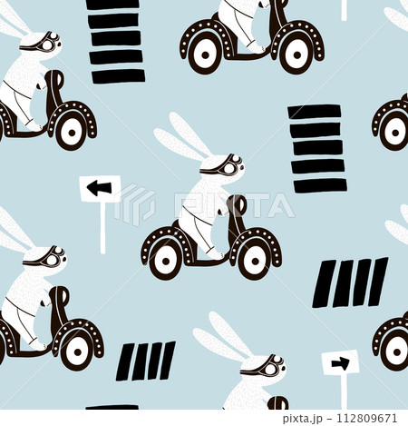 Set of four cute rabbit on scooter. Creative animal print with bunny for nursery,apparel,fabric,textile,cards. Vector Illustration 112809671