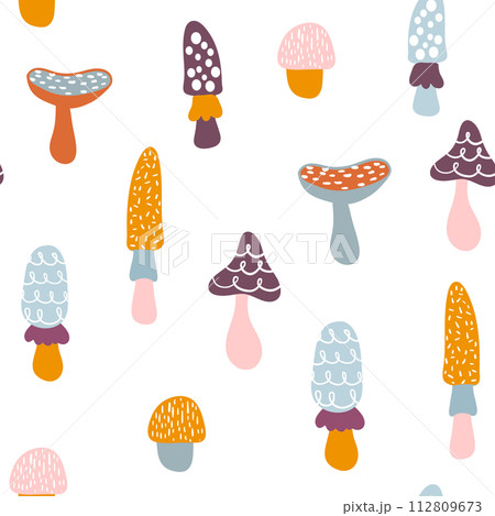 Seamless pattern with colorful mushrooms. Autumn background. Perfect for fabric,textile. Creative Vector background Seamless pattern with colorful mushrooms. Autumn background. Perfect for fabric,textile. Creative Vector background 112809673