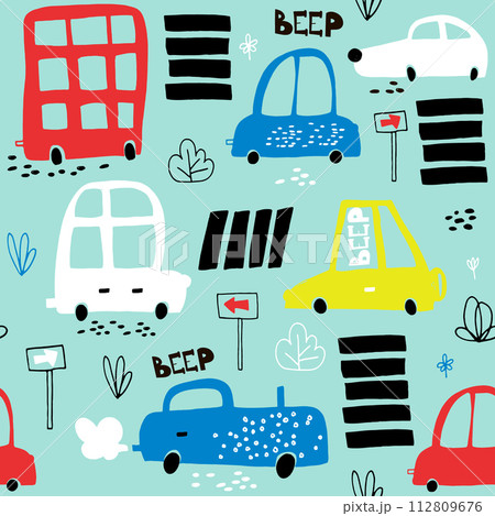 Seamless pattern with hand drawn cute car. Cartoon cars, road sign,zebra crossing vector illustration.Perfect for kids fabric,textile,nursery wallpaper 112809676