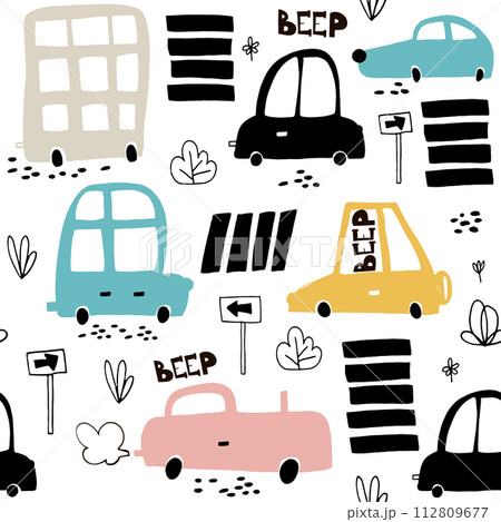 Seamless pattern with hand drawn cute car. Cartoon cars, road sign,zebra crossing vector illustration.Perfect for kids fabric,textile,nursery wallpaper 112809677