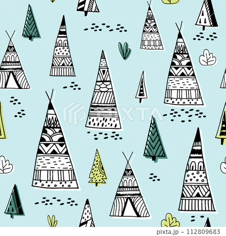 Tribal indian wigwam pattern. Doodle childish minimalist background.Vector Illustration 112809683
