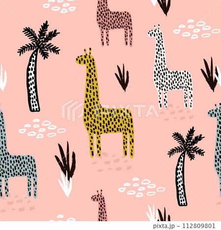 Seamless pattern with giraffe, palm tree, hand drawn shapes and textures. African texture for fabric, textile. Vector background Seamless pattern with giraffe, palm tree, hand drawn shapes and textures. African texture for fabric, textile. Vector background 112809801