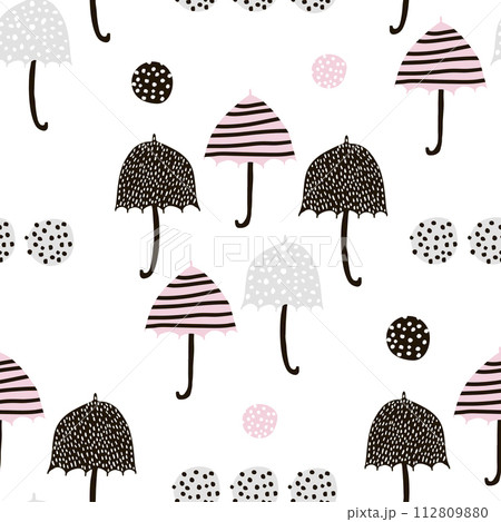 Seamless pattern with hand drawn colorful umbrellas. Childish texture. Great for fabric, textile Vector Illustration 112809880