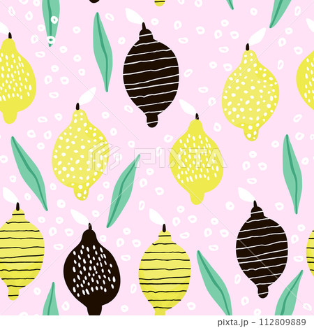 Seamless pattern with creative modern lemons. Hand drawn trendy background. Great for fabric and textile. Vector Illustration 112809889