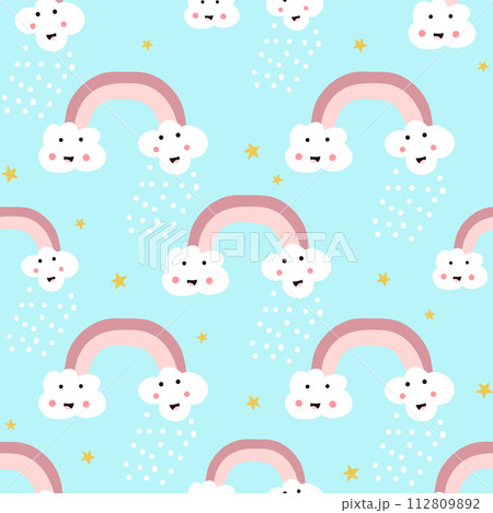 Seamless pattern with rainbow and happy clouds. Childish vector texture for fabric, textile. Seamless pattern with rainbow and happy clouds. Childish vector texture for fabric, textile. 112809892