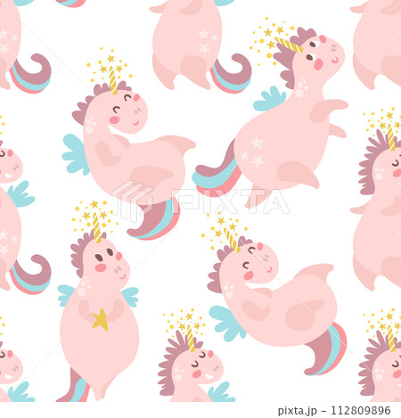 Cute seamless pattern with fairy unicorns.Childish texture for fabric, textile. Scandinavian style. Vector Illustration 112809896