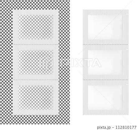 Transparent empty plastic packaging. Foil or paper sachet for food or medicines 112810177