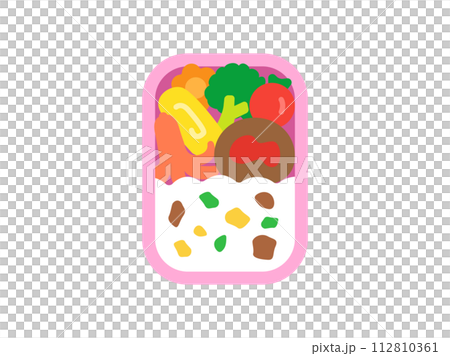 ピンク色の弁当箱に入った、お弁当のアイコンのイラスト 112810361
