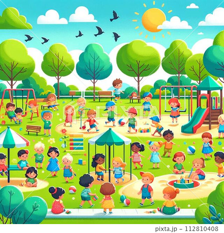 たくさんの子供たちが公園の遊具で遊んでいるイラストのイラスト素材 [112810408] - PIXTA