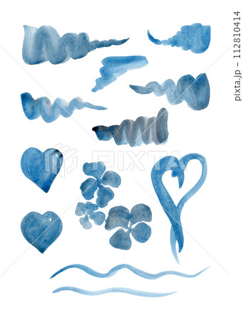 Hearts, strokes and flowers in blue tones. Set of watercolor elements 112810414
