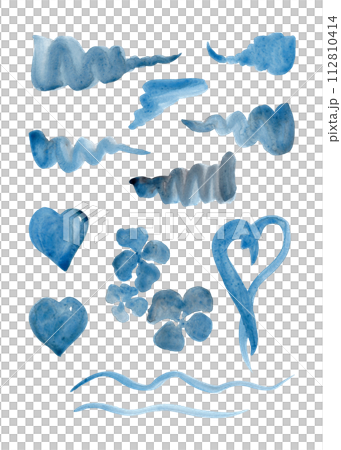 Hearts, strokes and flowers in blue tones. Set of watercolor elements 112810414