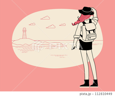 旅先の風景を眺める女性 灯台の見える海の背景 旅先の風景を眺める女性 灯台の見える海の背景 112810449