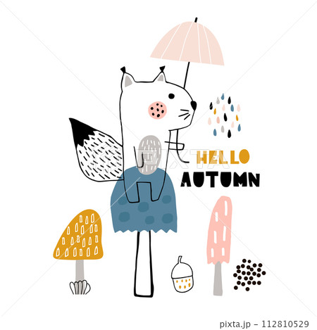 Hello autumn vector cartoon illustration with hand drawn squarell Hello autumn vector cartoon illustration with hand drawn squarell 112810529