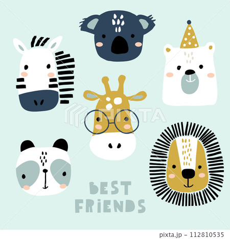 Set of cute animal faces. Creative animal print zebra, koala,bear,giraffe, panda, for nursery,apparel,cards. Vector Illustration 112810535