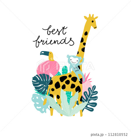 Funny jungle animals Giraffe, monkey, tucan with tropical leaves. Cartoon vector illustration summer illustration Funny jungle animals Giraffe, monkey, tucan with tropical leaves. Cartoon vector illustration summer illustration 112810552