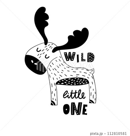 Cute hand drawn moose in black and white style. Cartoon vector illustration in scandinavian style Cute hand drawn moose in black and white style. Cartoon vector illustration in scandinavian style 112810581