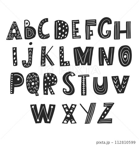 Abstract stylish alphabet in scandinavian style. Creative Kids font. Great for education, home decor. It Be used for funny t-shirt quotes,poster,cards and kids fashion prints. Vector Illustration 112810599