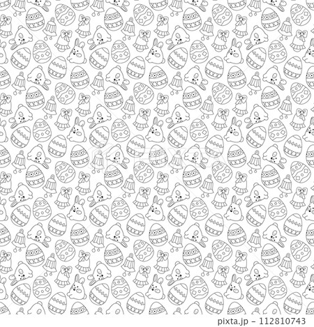 Seamless pattern with Easter eggs, cute Easter bunnies and bells. Doodle vector illustration. Seamless pattern with Easter eggs, cute Easter bunnies and bells. Doodle vector illustration. 112810743