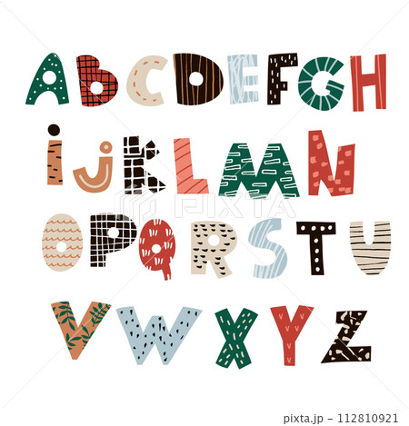 Abstract decorative alphabet. Creative Kids font. Great for education, home decor. It Be used for funny t-shirt quotes,poster,cards and kids fashion prints. Vector Illustration 112810921