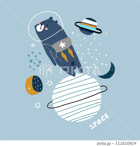 Creative space concept with cute bear in reactive backpack. Childish illustration. Perfectly look on t-shirt, poster, nursery decoration, apparel design. Kids Vector Illustration Creative space concept with cute bear in reactive backpack. Childish illustration. Perfectly look on t-shirt, poster, nursery decoration, apparel design. Kids Vector Illustration 112810924