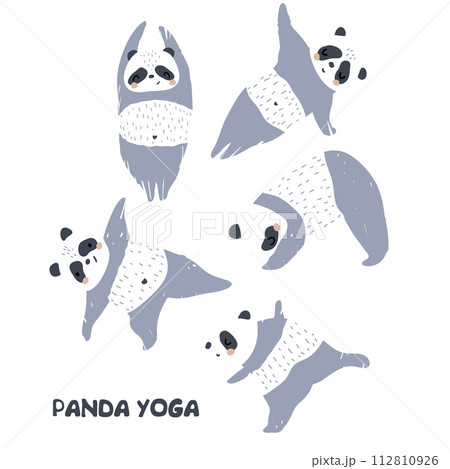 Cute pandas doing yoga clipart. Perfect for kids apparel, poster, cards. Vectror illustration 112810926
