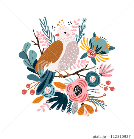 Creative bird on tree branch with floral composition around. Cartoon bird in scandinavian vector illustration .Ready design for greeting card, posters, apparel Creative bird on tree branch with floral composition around. Cartoon bird in scandinavian vector illustration .Ready design for greeting card, posters, apparel 112810927