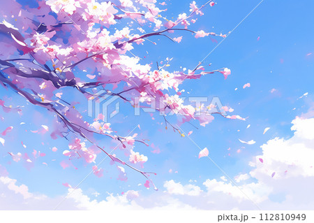 青い空に映えるピンクの桜の花のイラスト 112810949