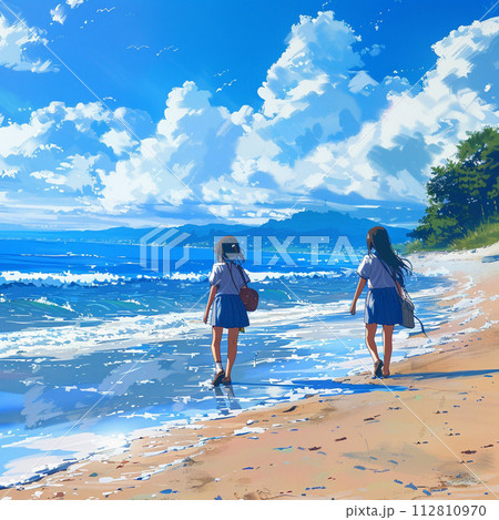 海を眺める少女のイラスト素材 [112810970] - PIXTA