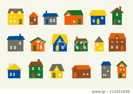 かわいいシンプルでカラフルな建物が並ぶ街並みのイラスト 112811030