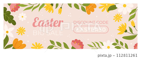 Easter sale horizontal banner template for promotion. Design with flowers. Spring seasonal advertising. Hand drawn flat vector illustration. Easter sale horizontal banner template for promotion. Design with flowers. Spring seasonal advertising. Hand drawn flat vector illustration. 112811261