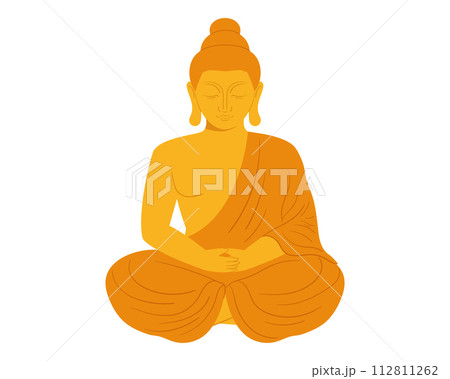 Golden Buddha statue. Sitting monk sculpture in flat vector style. Golden Buddha statue. Sitting monk sculpture in flat vector style. 112811262