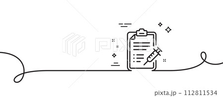 Vaccine report line icon. Continuous one line with curl. Vaccination syringe sign. Injection schedule symbol. Vaccine report single outline ribbon. Loop curve pattern. Vector 112811534