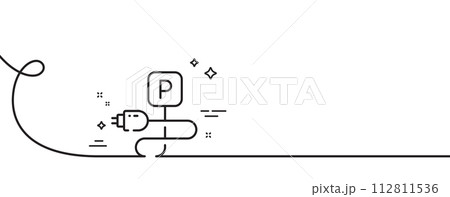 Charging parking line icon. Continuous one line with curl. Car charge place sign. Electric power plug symbol. Charging parking single outline ribbon. Loop curve pattern. Vector Charging parking line icon. Continuous one line with curl. Car charge place sign. Electric power plug symbol. Charging parking single outline ribbon. Loop curve pattern. Vector 112811536