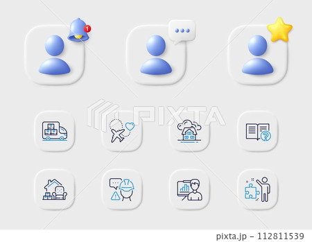 Presentation board, Delivery truck and Honeymoon travel line icons. Placeholder with 3d star, reminder bell, chat. Pack of Builder warning, Help, Building icon. Vector 112811539