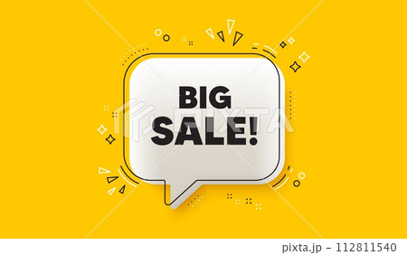 Big Sale tag. 3d speech bubble yellow banner. Special offer price sign. Advertising Discounts symbol. Big sale chat speech bubble message. Talk box infographics. Vector 112811540