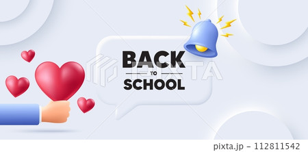Back to school tag. Neumorphic background with speech bubble. Education offer. End of vacation slogan. Back to school speech message. Banner with 3d hearts. Vector 112811542