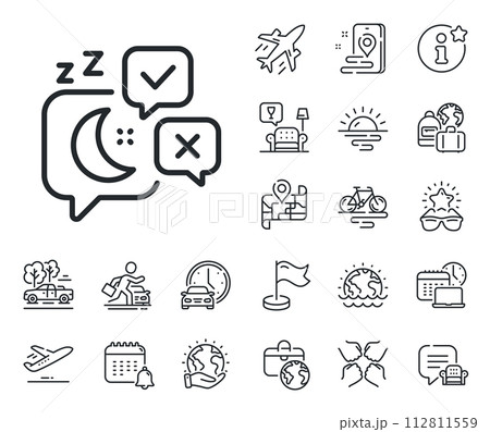 Night rest sign. Plane jet, travel map and baggage claim outline icons. Sleep line icon. Chat bubble with moon symbol. Sleep line sign. Car rental, taxi transport icon. Place location. Vector Night rest sign. Plane jet, travel map and baggage claim outline icons. Sleep line icon. Chat bubble with moon symbol. Sleep line sign. Car rental, taxi transport icon. Place location. Vector 112811559