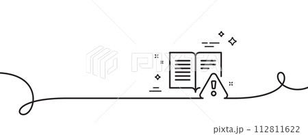 Instruction manual line icon. Continuous one line with curl. Warning book sign. Caution alert symbol. Instruction manual single outline ribbon. Loop curve pattern. Vector 112811622
