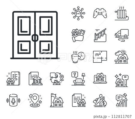 Building entrance sign. Floor plan, stairs and lounge room outline icons. Door line icon. Exit doorway symbol. Door line sign. House mortgage, sell building icon. Real estate. Vector Building entrance sign. Floor plan, stairs and lounge room outline icons. Door line icon. Exit doorway symbol. Door line sign. House mortgage, sell building icon. Real estate. Vector 112811707