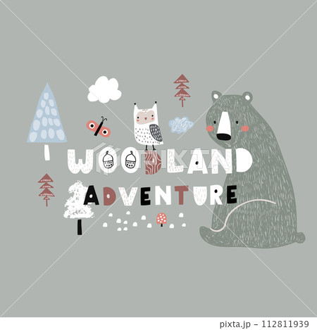 Cute cartoon bear, owl in forest print. Childish print with lettering for nursery, kids apparel,poster, postcard. Vector Illustration Cute cartoon bear, owl in forest print. Childish print with lettering for nursery, kids apparel,poster, postcard. Vector Illustration 112811939