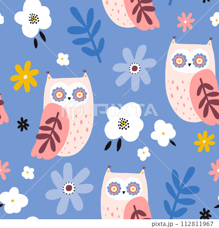 Seamless pattern with cute owls. Childish owl birds and flowers, branches on blue background. Ideal for fabrics, textiles, apparel, wallpaper. 112811967