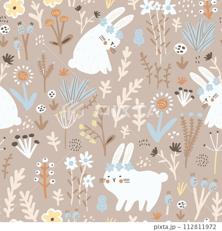 Seamless childish floral pattern with cute hand drawn rabbits. Creative pastel kids hand drawn texture for fabric, wrapping, textile, wallpaper, apparel. Vector illustration 112811972