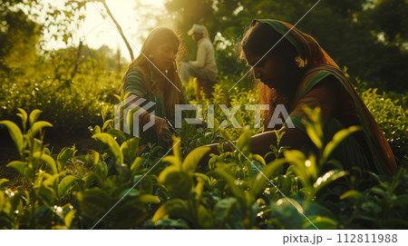 Indian women picking tea leaves in tea garden. Indian women picking tea leaves in tea garden. 112811988