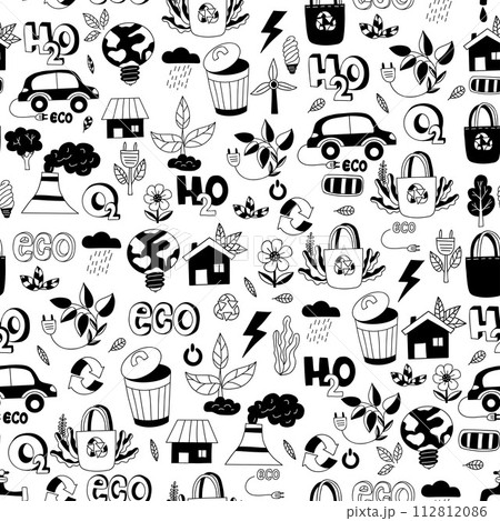 Ecology lifestyle seamless pattern. Ecology hand drawn on white background. Vector illustration in hand drawn doodle style. 112812086