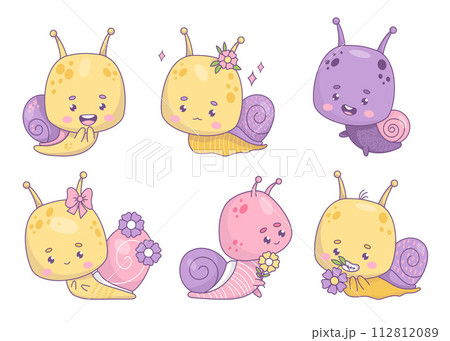Funny snail kawaii character collection. Isolated cute insect with flower on white background. Cool vector illustration. Kids collection. 112812089