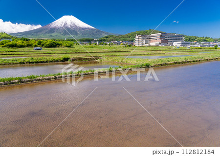 《山梨県》初夏大冠雪の富士山・新緑の富士吉田農村公園の田園風景 112812184