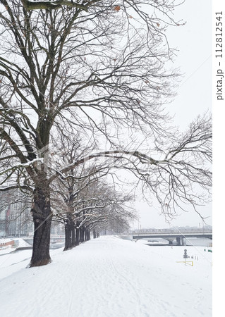 Snow Covered Street With Bridge in Background Snow Covered Street With Bridge in Background 112812541