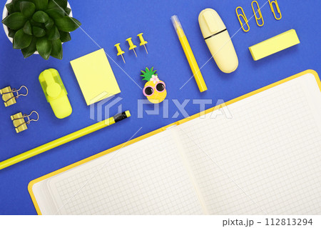 Part of blank notebook page for your text with yellow school and office stationery on blue background. Flatly. 112813294