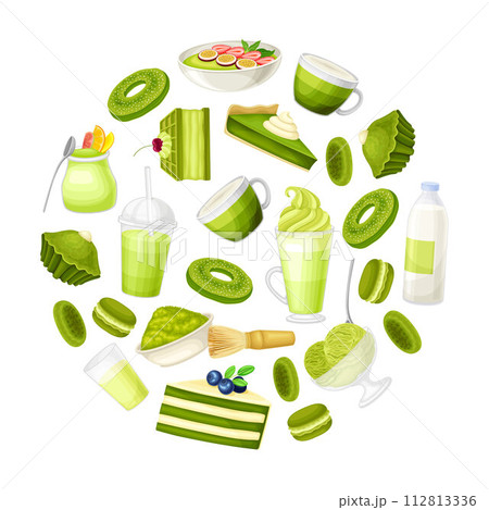 Green Dessert Round Composition Design with Sweet Pastry and Confection Vector Template 112813336